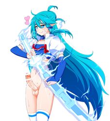 1boy armwear balls blue_eyebrows blue_eyes blue_hair cum elf elf_male erection femboy goushu katana large_penis legwear long_hair long_hair_male male male_only mira_misciano penis precum smile solo solo_male sweat sword topwear weapon