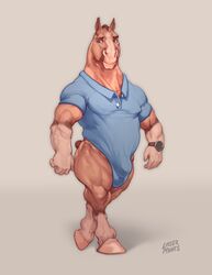 1boy 2021 anthro brown_body brown_fur bulge clock clothing detailed_bulge digital_media_(artwork) equid equine fur hi_res hooves horse laser_(artist) male male_only mammal muscular muscular_anthro muscular_male pecs polo_shirt shirt simple_background solo topwear watch white_body white_fur wristwatch