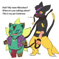 1:1 ballbusting balls bondage bottomwear bound bulge clothing cock_and_balls_torture dialogue duo english_text feral genital_torture genitals ivysaur kerespup loincloth male male/male mienshao nintendo nipples penis pokémon_(species) pokemon pokemon_(species) spanking text video_games