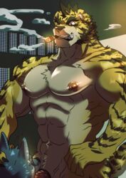 abs canid canine canis cigar cigar_in_mouth duo ear_piercing ear_ring felid fur gay grey_body grey_fur hand_on_head hi_res male male/male male_only mammal muscular muscular_male nipples oral pantherine pecs piercing ron9 smoke smoking stripes tiger wolf yaoi yellow_body yellow_fur