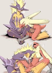 2boys amped_toxtricity anthro balls blaziken bodily_fluids countershading duo erection feathers fellatio genitals handjob hi_res interspecies male male/male male_blaziken male_only male_pokemon male_pokemon/male_pokemon male_toxtricity masturbation nintendo nude open_mouth oral penile penis pokemon pokemon_(species) purple_body red_body sex sweat tongue tongue_out toxtricity video_games yamatokuroko965 yellow_body yellow_countershading