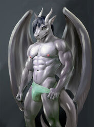 abs anthro biceps bleakcat briefs bulge claws clothed clothing deltoids dragon ears_up fangs fist gradient_background grey_sclera hair hi_res horn looking_at_viewer male membrane_(anatomy) membranous_wings muscular navel nipples obliques pecs pulling_underwear pulling_underwear_down quads reptile scalie simple_background solo standing triceps underwear underwear_only v-cut western_dragon wings