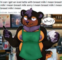 anthro apron apron_only blush breasts clothing coffee_shop container cup english_text female feralsoren green_apron grumpy holding_cup holding_object i_mean_breast_milk iced_latte_with_breast_milk looking_at_viewer mammal meme mostly_nude nipple_slip nipples overweight solo text ursid wide_hips