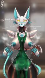 2021 absurd_res android anthro apron apron_only blue_hair blush bodily_fluids breasts clothed clothing deltarune digital_drawing_(artwork) digital_media_(artwork) domestic_cat felid feline felis female green_apron hair hi_res i_mean_breast_milk lactating machine mammal meme mostly_nude nipples robot simple_background solo tagme tasque_manager_(deltarune) text undertale_(series) video_games zenfry