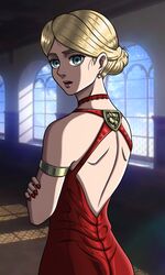 1girls alternate_hairstyle attack_on_titan blonde_hair blue_eyes christa_lenz classy classy_female earrings elegant elegant_dress historia_reiss new_epic_artist queen red_dress red_nail_polish royal royalty shingeki_no_kyojin