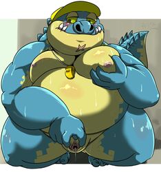 anthro belly blue_body blue_scales blush clothing crocodile crocodilian crocodylid crouching cuntboy cuntboy_focus cuntboy_only fingering hat headgear headwear hi_res intersex lifewonders makara male nipples overweight pecs reptile scales scalie slit slit_fingering solo solo_cuntboy tokyo_afterschool_summoners video_games visor_cap yamatoji201