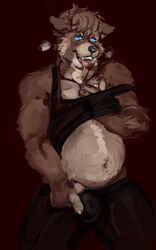 ahe_gao anthro blue_eyes blushing_profusely bodily_fluids brown_body brown_fur bulge_fondling clothing fangs fondling_self fur guwu hi_res hypnosis looking_pleasured ludd male male_focus male_only malesub mammal mind_control open_mouth overweight procyonid raccoon saliva saliva_string shirt slightly_chubby solo solo_male spandex_legwear tank_top tongue tongue_out topwear