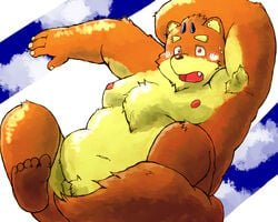 2013 3tsu_zunda 5:4 anthro belly blush bodily_fluids canid canine cute_fangs feet incubus! ink_incuberia kemono male mammal moobs navel nipples overweight overweight_male solo sweat