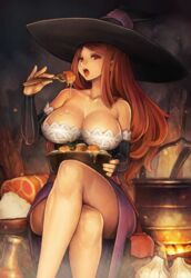 1girls absurd_res bare_legs bare_shoulders big_breasts breasts brown_hair cleavage collarbone crossed_legs crossed_legs_(sitting) curvy detailed_background dragon's_crown dress eating female female_only female_solo food fork hat highres indoors large_breasts legs legs_crossed long_hair looking_at_viewer meat messy neck open_mouth pinky_out red_eyes shigatake sitting solo sorceress_(dragon's_crown) source_request straight_hair strapless strapless_dress thick_thighs tongue tongue_out vanillaware voluptuous witch_hat