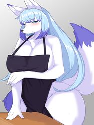 3:4 anthro apron apron_only big_breasts blue_eyes blue_hair bodily_fluids breasts canid canine chest_tuft clothing female fox fur genital_fluids hair hi_res huge_breasts kemono lily_mari long_hair mammal mostly_nude multicolored_ears multicolored_hair multicolored_tail pussy_juice shy solo table_humping takeshi_kemo thick_thighs tuft white_body white_fur wide_hips