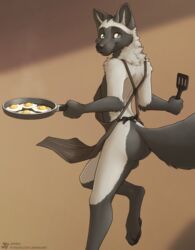 2021 5_fingers anthro apron apron_only ass backsack balls black_body black_fur black_nose blue_eyes canid canine clothing cookware digital_media_(artwork) digitigrade feet fingers fox fried_egg frying_pan fur furry furry_only genitals grey_body grey_fur hi_res jishinu kitchen_utensils male male_only mammal mostly_nude shaded silver_(jishinu) smile solo spatula tail text toes tools url