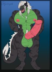 anthro azael azael_dragonfang balls big_balls big_pecs big_penis black_body black_scales claws dragon genitals green_balls green_body green_eyes green_scales hair hand_on_hip hi_res horn huge_cock hyper hyper_genitalia hyper_penis kalidragon long_penis male muscular muscular_anthro muscular_male nipple_piercing nipples pecs penis piercing reptile scales scalie smile smiling_at_viewer white_hair wingless_dragon