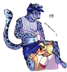 anthro balls clothed clothing digital_media_(artwork) domestic_cat dominant dominant_male duo felid feline felis genitals grubbutts hi_res male male/male mammal oral pantherine sex snow_leopard