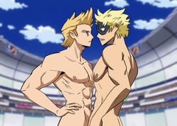 2boys abs artist_request blonde_hair chest_to_chest face-to-face fatgum male male_focus male_only mirio_togata muscles muscular my_hero_academia naked nude nude_male shirtless_(male) taishiro_toyomitsu togata_mirio toyomitsu_taishirou