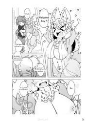 >_< absurd_res anthro ass big_breasts black_and_white breasts canid canine closed_eyes comic conjoined_speech_bubble dialogue digital_media_(artwork) english_text escaping_text female fox greeting hair heart hearts_around_body hearts_around_head hi_res hinata_sakamoto human kemono male mammal monochrome nipples open_mouth page_2 page_number pubic_tattoo sex_toy speech_bubble stuttering text vibrator