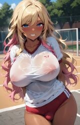 1futa ai_generated big_breasts blonde_hair blue_eyes bulge clenched_teeth covered_nipples dark_skin dickgirl futa_only futanari gyaru gyaru-oh gym_uniform hands_behind_back makayai multicolored_hair original_character pink_hair schoolyard shemale smile tagme