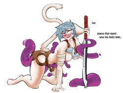 absurd_res anthro armor bandage blue_hair bodily_fluids breasts clothing domestic_cat english_text exposed_breasts felid feline felis female hair hi_res humanoid kneeling lia_(notsafeforweh) mammal melee_weapon nervous nipples notsafeforweh pawpads scar solo sweat sword tentacle text torn_clothing weapon white_body