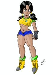 1girls art_trend beah7z big_thighs bikini black_hair blue_eyes blue_shorts boots brazilian brazilian_videl dark-skinned_female dark_skin dragon_ball gloves long_hair meme muscular_female not_porn pussy_hair sfw tan_body tanned tomboy unknown_artist unknown_source videl