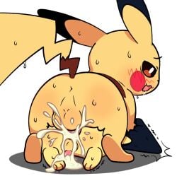 balls blush bodily_fluids cum cum_in_ass cum_inside cum_splatter duo erection excessive_cum excessive_genital_fluids feral generation_1_pokemon generation_2_pokemon genital_fluids genitals male male/male nintendo on_top orgasm penetration penis pichu pikachu plumflavor pokemon pokemon_(species) red_penis size_difference smaller_penetrated sweat yellow_body