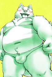 2021 anthro balls_outline belly blush bulge canid canine canis clothing domestic_dog genital_outline hi_res humanoid_hands kemono male mammal moobs navel nipples noko_illust overweight overweight_male penis_outline simple_background solo tongue tongue_out underwear