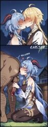 aether_(genshin_impact) ai_generated anilingus big_penis blonde_hair blue_hair cheating cuck cuckold cum dark-skinned_male ganyu_(genshin_impact) genshin_impact handjob horns kissing kissing kneeling licking netorare ntr outdoors pubic_hair rimjob rimming squatting tongue