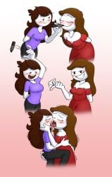 clothed drawing_on_face fully_clothed jaiden jaiden_animations jaidenanimations kissing lesbian lesbian_couple lesbian_kiss let_me_explain_studios mannysdirt mouth purple_shirt rebecca_parham red_dress tagme youtube youtuber youtuber_girl yuri