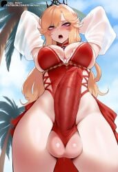 ai_generated arms_behind_head azur_lane beach blonde_hair breasts covered_penis crown embarrassed from_below futanari large_breasts large_penis long_hair one-piece_swimsuit open_mouth primosan purple_eyes richelieu_(azur_lane) see-through_shirt standing sweat swimsuit testicles veiny_penis