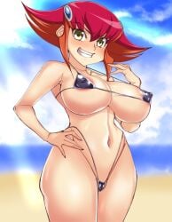 1girls anna_kaboom anna_kozuki beach bikini blush hajime_shindo huge_breasts looking_at_viewer navel one_hand_on_hip pose red_hair smile solo yellow_eyes yu-gi-oh! yu-gi-oh!_zexal