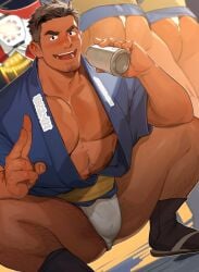 3boys ass ass_hair bara beard_stubble beer beer_can belt big_areola big_breasts black_eyes blush brown_hair bulge bulge_through_clothing butt_crack crouching drunk festival flaccid fundoshi geta happi_(clothing) hi_res holding_beverage holding_object icebanon lantern leg_hair looking_at_viewer male male_only mature_male middle_aged muscles muscular muscular_ass muscular_legs muscular_male muscular_thighs night obi open_clothes open_mouth original original_character pecs pubic_hair rokushaku_fundoshi sandals short_hair socks solo solo_focus solo_male spread_legs squatting tabi tarutoru text thick_eyebrows thick_thighs v-shaped_eyebrows victory_pose white_border white_fundoshi