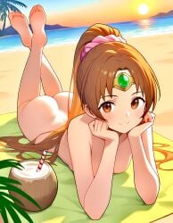 1girls ai_generated ass beach beach_towel blush brown_eyes brown_hair circlet coconut_drink completely_nude feet_up fire_emblem fire_emblem:_mystery_of_the_emblem fire_emblem:_new_mystery_of_the_emblem fire_emblem:_shadow_dragon_and_the_blade_of_light fire_emblem_heroes laying_on_stomach linde_(fire_emblem) looking_at_viewer nedak1234 nintendo nude_female ocean parted_bangs ponytail small_breasts smile solo_focus sunset very_long_hair