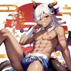 1boy abs ai_generated bulge bulge_through_clothing cyno_(genshin_impact) dragon_boy dragon_horns dragon_tail dragon_wings gay genshin_impact horns male male_focus shirtless solo solo_male speedo tan_body toned_male twunk white_hair wings yaoi