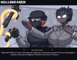 2girls absurd_res afraid black_skin commission curvaceous curvaceous_female curvy dialogue digital_media digital_media_(artwork) doocen dreadlocks earrings fair_skin grey_eyes gun helltaker helmet karate large_breasts paper police policewoman_(helltaker) red_hair short_hair text