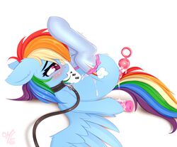 2019 anal anal_beads anal_beads_in_ass anal_sex blue_body blue_feathers blue_wings blush cumlube equid equine feathered_wings feathers female feral friendship_is_magic hasbro leash lying mammal my_little_pony omiart on_back pegasus penetration quadruped rainbow_dash_(mlp) sex_toy sex_toy_in_ass sex_toy_insertion simple_background solo white_background wings