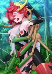 breasts censored_penis censored_pussy clothed_sex forest green_eyes high_heel_boots male_pokemon/female_human mela_(pokemon) outdoor_sex outdoors pokemon pokephilia red_hair ripped_clothing shoichi_(artist) short_hair spidops standing standing_sex tied_up trees vaginal_penetration yellow_highlights