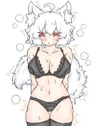 bikini black_bikini black_panties blush breasts breath cat_ears crying crying_with_eyes_open electric_shock fumomono6500 large_breasts momiji_inubashiri panties red_eyes spiral_eyes sweat sweating tail tears thick_thighs thighhighs touhou visible_breath white_hair