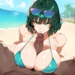 ai_generated artist_request bikini blush breasts dark-skinned_male feet female green_eyes green_hair huge_breasts juuicyai massive_ass massive_breasts sweat