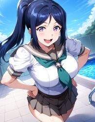 1girls ai_generated alternate_breast_size big_breasts bostin breasts busty curvaceous curvy curvy_body curvy_female curvy_figure female huge_breasts large_breasts love_live!_sunshine!! matsuura_kanan sweat sweating sweaty sweaty_body sweaty_breasts thick_thighs thighs venus_body voluptuous