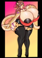 angrypotato96 anthro betsibi big_breasts bottomwear breasts brown_hair cleavage clothed clothing ear_piercing ear_ring felid female genitals hair hi_res hoop_earrings hoop_earrings_oversized huge_breasts hyper hyper_breasts lips mammal mature_female nipples no_underwear piercing pussy skirt solo thick_lips thick_thighs