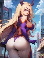 ai_assisted ai_generated artist_name ass big_ass big_breats bodysuit city curvy_female erotic_nansensu from_behind lowres mount_lady my_hero_academia stable_diffusion superheroine thick_thighs tight_clothing watermark