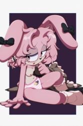 black_eyes black_nose black_shoes blush bunny_ears bunny_tail cat_panties clothes_aside clothes_removed euf-dreamer functionally_nude functionally_nude_female long_eyelashes looking_aside oc panties pink_eyes pink_fur pink_nipple print_panties print_underwear shy sitting sonic_(series) sonic_oc sonic_the_hedgehog_(series) stockings striped_panties underwear undressed