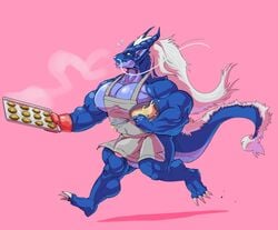 2018 4_toes anthro apron apron_only asian_mythology balls big_muscles big_pecs blue_body bowl clothing container cookie cooking_tray dragon east_asian_mythology eastern_dragon feet food genitals hair handwear hi_res holding_object horn huge_muscles hyper hyper_muscles kitchen_utensils long_hair male mittens mostly_nude muscular mythology nipples pecs penis pink_background pink_nipples plantigrade running simple_background solo stagor55 toes tools whisk whiskers white_hair