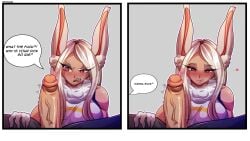 1boy 1girls 2d 2d_(artwork) artist_request big_penis blush boku_no_hero_academia bunny_ears bunny_girl clothed_female_nude_male comic cute_face dark-skinned_female dark_skin embarrassed english_text fur_collar heroine long_ears long_eyelashes long_hair miruko my_hero_academia penis penis_awe red_eyes rumi_usagiyama size_talk text uncensored white_hair