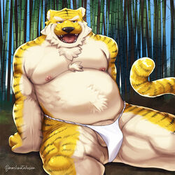 1:1 2021 anthro asian_clothing balls bamboo belly black_nose clothing detailed_background east_asian_clothing felid fundoshi fur genitals humanoid_hands japanese_clothing kemono male mammal moobs nipples omochiwotakusan outside overweight overweight_male pantherine sitting solo tiger underwear white_clothing white_fundoshi white_underwear yellow_body yellow_fur