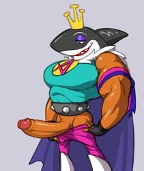 analon_(artist) anthro black_eyes blue_clothing blue_shirt blue_topwear bottomwear cape clothed clothing crown emperor_awesome fish genitals male male_only marine muscular muscular_anthro muscular_male pants pants_down partially_clothed pecs penis shark shirt smile teeth toomanyboners topwear