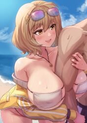 1boy 1girls :d ahoge anis_(nikke) anis_(sparkling_summer)_(nikke) arm_between_breasts arm_grab arm_hug bare_shoulders beach big_breasts bikini blonde_hair blush breasts brown_eyes cleavage collarbone commander_(nikke) day eyepatch_bikini eyewear_on_head female fuhikari goddess_of_victory:_nikke grabbing_another's_arm huge_breasts jacket jewelry looking_at_another necklace ocean off-shoulder_jacket off_shoulder official_alternate_costume open_mouth pink-tinted_eyewear sand short_hair smile string_bikini sunglasses sweat swimsuit tinted_eyewear white_bikini yellow_jacket