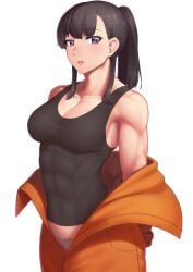 abs belly_button biceps big_breasts black_hair enen_no_shouboutai female female_only fire_force long_hair muscular muscular_female nude oze_maki purple_eyes putcher six_pack solo solo_female solo_focus toned transparent_background