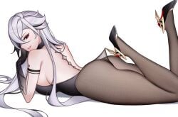arlecchino_(genshin_impact) backside big_breasts charlie_purrito curvy_female genshin_impact lace_pantyhose_hooked_on_heel_(meme) long_hair pantyhose posing_for_the_viewer sexy_pose sideboob stiletto_heels thick_thighs white_hair