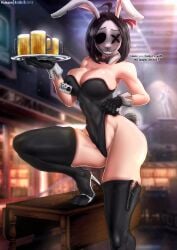 2d 2d_(artwork) beer black_hair bluewolfartista bunny_ears bunny_mask bunnygirl english_text jackie_barter leotard monster monster_girl nightmare_waifu posing scp-1903 scp_foundation solo test