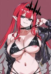 ai_generated alternate_breast_size areolae baobhan_sith_(fate) big_breasts bikini black_bikini elf_ears erect_nipples fairy_knight_tristan_(fate) fate/grand_order fate_(series) gray_eyes hair_drills hair_ornament jacket neckwear pulling_clothing red_hair red_nails yamatoai