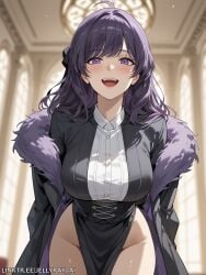 ahoge ai_generated anastasia_zelenska bangs black_coat blush breasts coat collared_shirt cowboy_shot female fur_trim groin indoors jellyray_ai large_breasts long_hair looking_at_viewer open_mouth pelvic_curtain purple_eyes purple_hair shirt smile solo sss-class_suicide_hunter thighs white_shirt